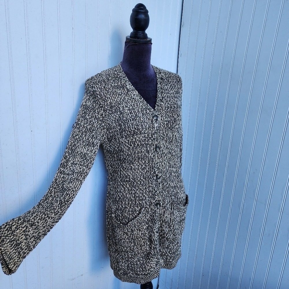 JONES NEW YORK Mercerized Cotton Olive Green Beige Sweater Chunky Cardigan Top M - Picture 2 of 14